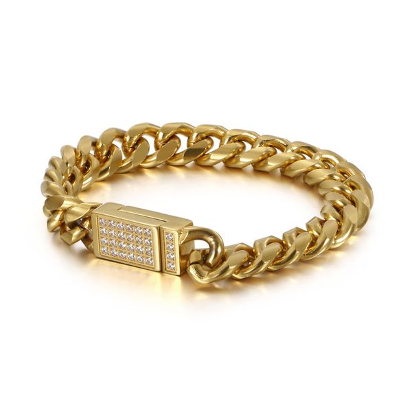 

hiphop punk gold stainless steel biker bracelets for men women cz zircon rhinestone charm curb cuban link chain bracelet jewelry, Black