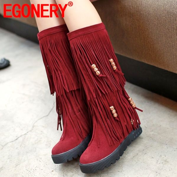 

egonery winter new fashion round toe knee high boots outside mid heels fringe string bead women shoes drop shipping size 34-44, Black