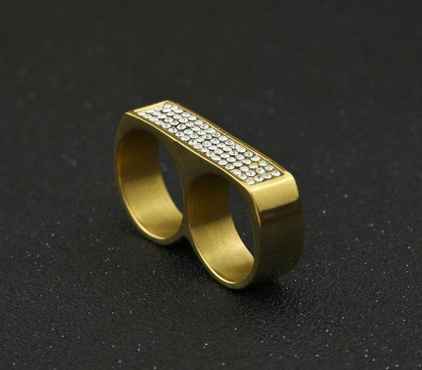 

mens double finger rings fashion hip hop ring jewelry iced out stainless steel gold66, Silver