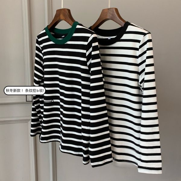 

women's t-shirt women 2021 autumn loose striped round neck long sleeve, White