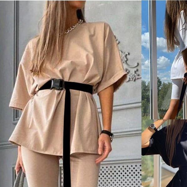 

womens tracksuit shirt trousers two piece set with belt o neck loose short sleeve sports casual suit streetwear outfits, Gray