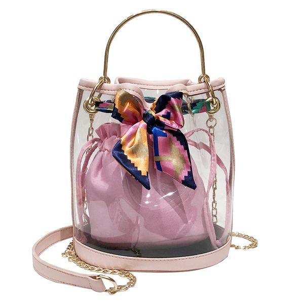 

fashion women's handbags transparent jelly bag silk scarf strap bucket mother bag chain handbags beach pink
