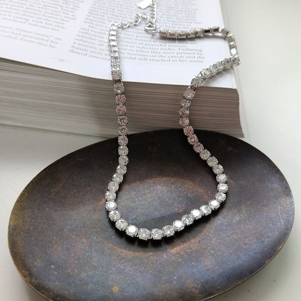 

925 sterling silver square clear zircon chain dainty sparky choker necklace minimalist charm necklace for women gift for her, Golden;silver