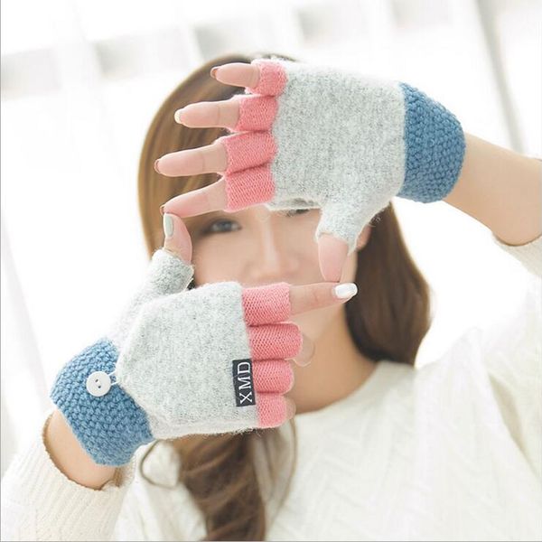 

five fingers gloves fashion lovely female winter acrylic knit warm half finger clamshell women double thicker cute two uses mitten g55, Blue;gray