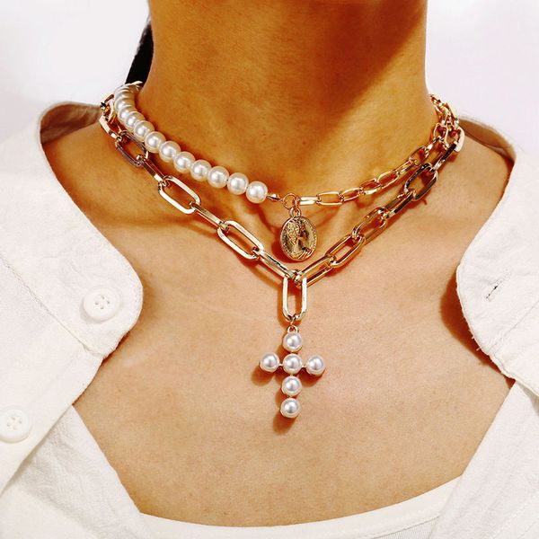 

modyle luxury design pearls choker necklace female cross pendant necklaces for women gold color 2020 fashion coin jewelry, Silver