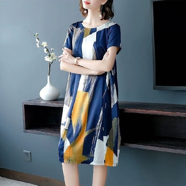 

imitation ice silk 2020 summer new korean round neck printed long skirt long skirt mid-length dress short sleeve women's fashion exk1q, Black;gray