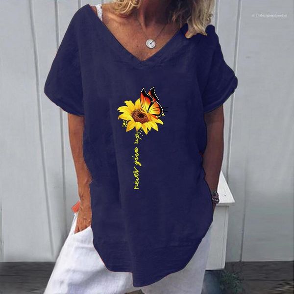 

tshirts summer short sleeve designer womens casual colorful printed female tees sunflower v neck womens, White