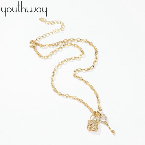 

ins zircon padlock key pendant chain necklace key lock charm choker necklace women girls metal jewelry, Silver
