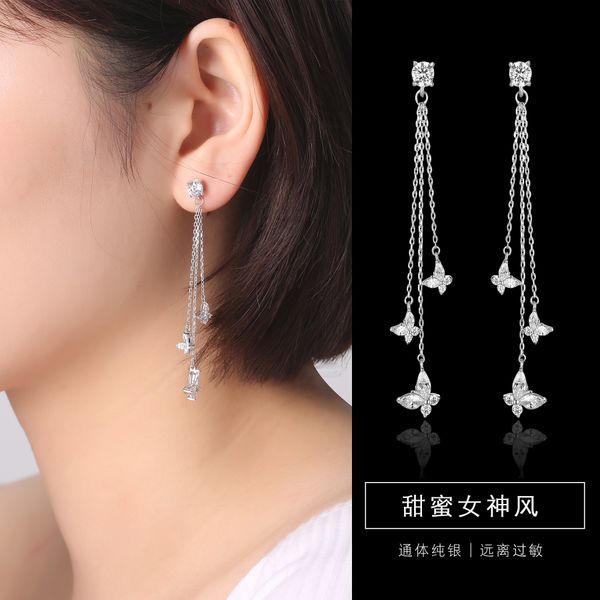 

s925 sterling silver korean butterfly long tassel exaggerated earrings women's earrings jewelry popular online