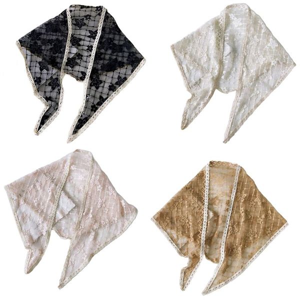 

women lace floral triangle veil vintage lattice scarf shawl wrap tassel ladies stewardess neck hair tie, Blue;gray