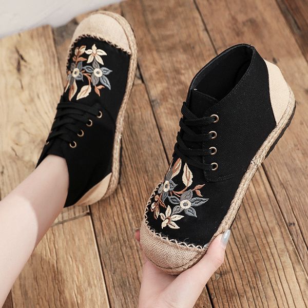 

johnature женщины boots шнуровка ботинок женщин 2020 новый вышивают круглый toe плоский с смешанными цветами ручной работы голеностопного пл, Black