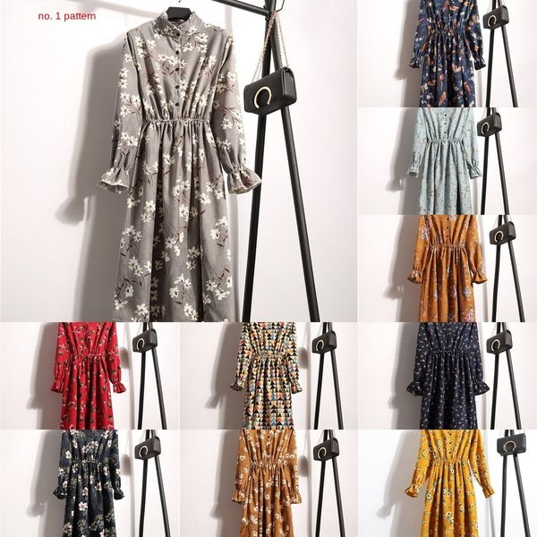 

2019 autumn and winter new stand collar long sleeve corduroy small floral slim dress dress dresswick dresswomen's mid-length 3fkqu, Black;gray