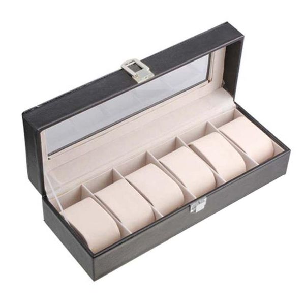 

6 slots leather case display storage box organizer windowed for wrist watches lxh, Black;blue