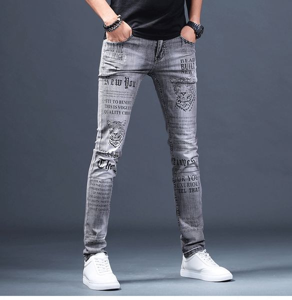

fashion brand men's summer print jeans and jeans personalized fashion slim fit elastic casual youth pants men's ycrac, Blue