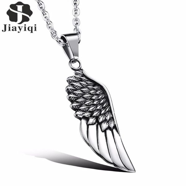 

jiayiqi fashion mens necklaces stainless steel vintage gothic feather angel wing pendants silver plated male jewelry accessories