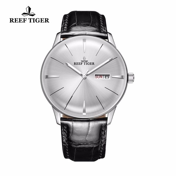 

reef tiger/rt classic casual watches convex lens genuine leather strap steel automatic watches with date day rga8238 0924, Slivery;brown