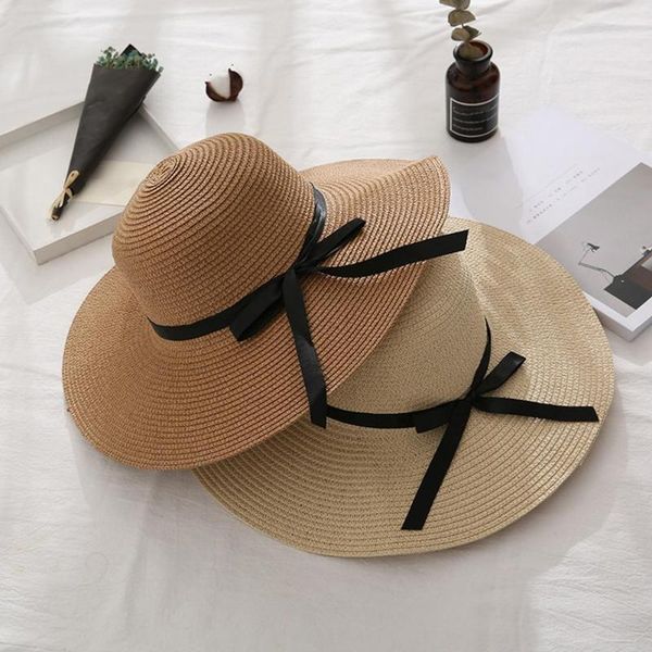 

wide brim hats summer straw hat women travel beach uv protection bowknot big female casual sun cap foldable for ladies, Blue;gray