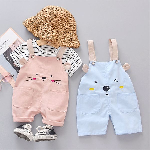 

toddler infant clothing baby girls clothes suits short sleeve stripe t shirt cartoon bib pants 2pcs/sets children casual costume, White