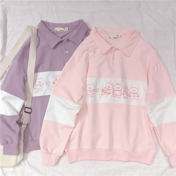 

harajuku cute pig print women long sleeve hoodies japanese young girl student pullover shirts spring polo collar sweatshirt, Black
