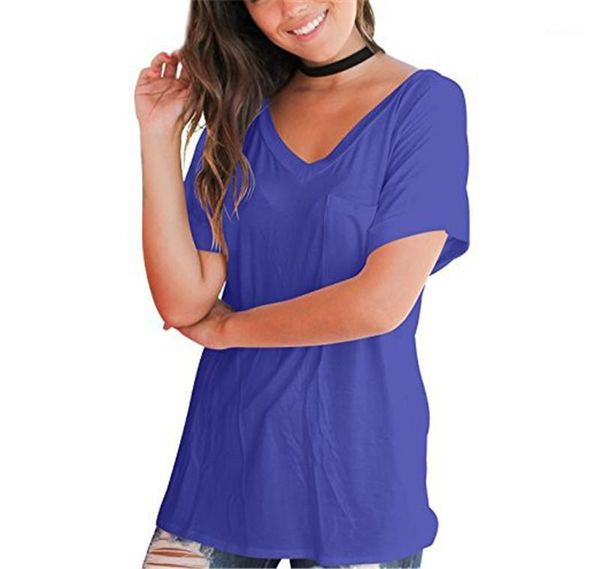 

филенчатая одежда с карманом женской модельеры tshirts summer незакрепленного короткого рукавом женского v шея, White