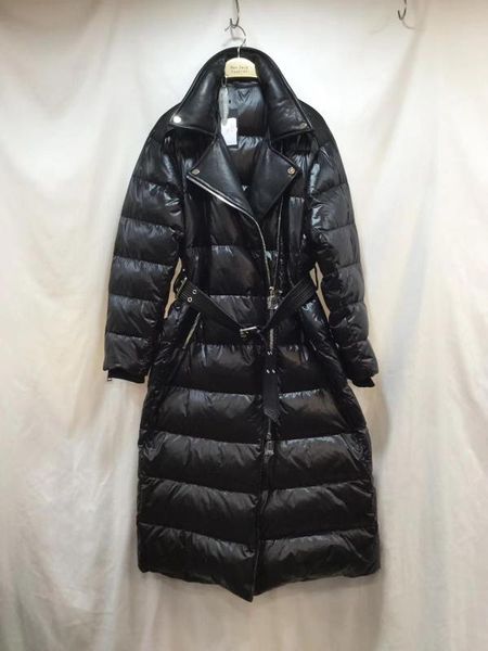 

fashion winter long thick warm fluffy down coat female real leather stitching down parkas warm jackets with belt coats, Black