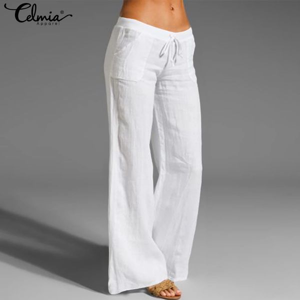 

celmia 2020 summer women solid pockets wide leg pants plus size elastic waist casual loose trouser elegant party pantalon bottom, Black;white