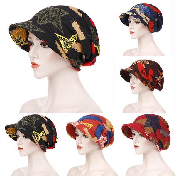 

women's print beanies hat winter cotton baseball hats female winter vintage warm slouchy crochet ski visors turban caps, Blue;gray