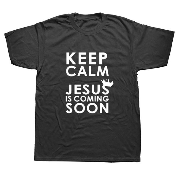 

keep calm иисус грядет с коротким рукавом майка мужчины смешной мода черный tshirt мужчины марка повседневный t shirt men хлопок