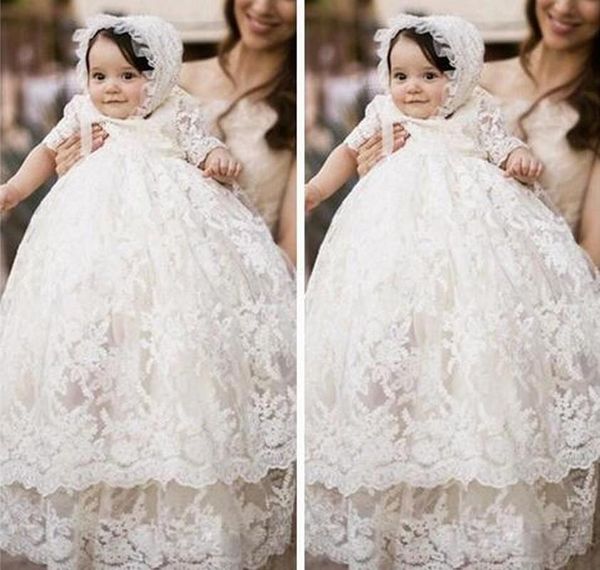 

vintage kids two layer of lace christening dress for baby half sleeve baptism gown first communion dresses with hat, Blue