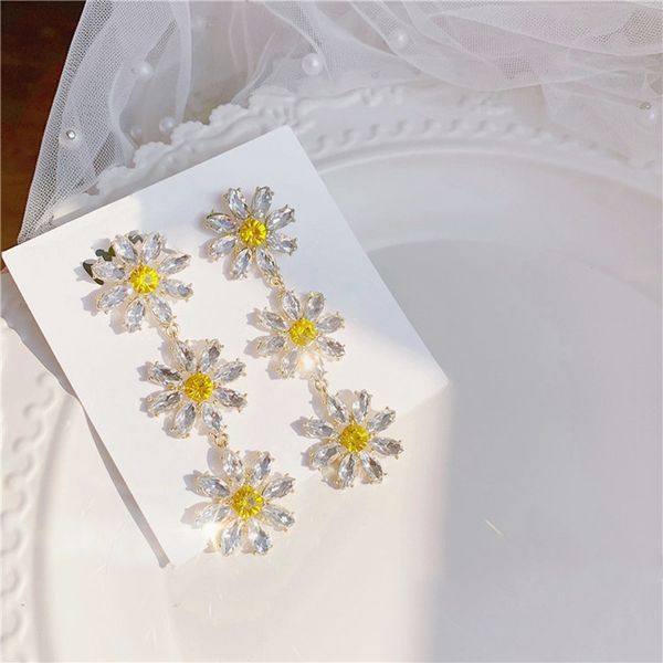 

quality korean elegant yellow crystal flower petal tassel drop earrings for women students fashion party pendientes jewelry