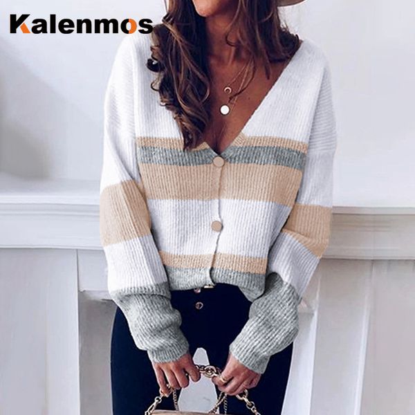 

women's knits & tees patchwork cardigan knit sweater women autumn winter kalenmos v neck long slevee loose streetwear harajuku chic sw, White
