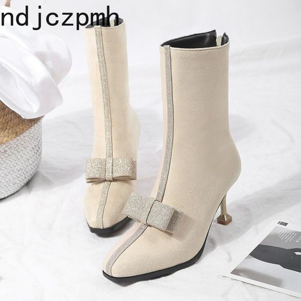 

boots women's winter the fashion square head sequin bow zipper fine heel high middle tube shoes size 35-46, Black