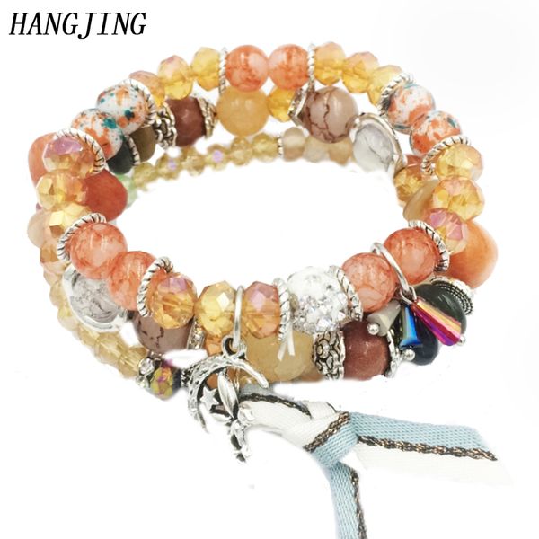 

3pcs/set vintage bohemian handmade cute ribbon angel girl moon crystal beads bracelet nature stone bohe woman bracelets, Golden;silver