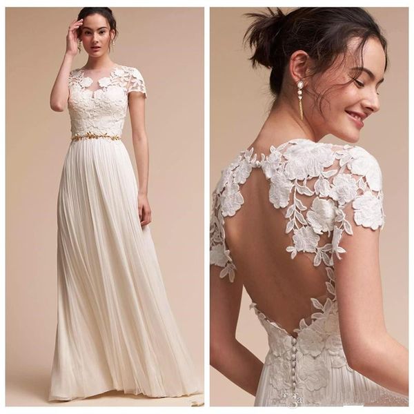 

vintage lace boho wedding dresses empire waist a line summer beach bohemian wedding dress floor length backless chiffon bridal gown aq188, White