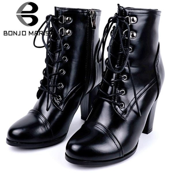 

bonjomarisa big size 34-43 female ankle boots round toe thick high heels cross tied zip boots women 2020 concise shoes woman, Black