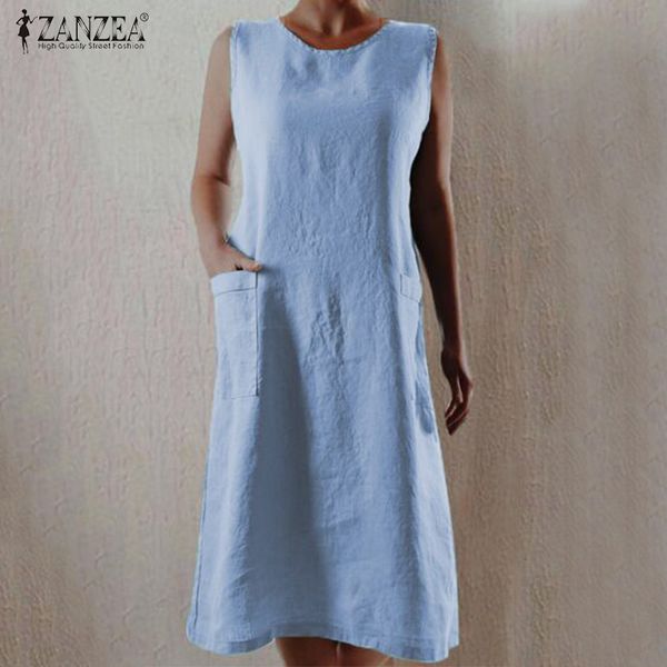 

2020 zanzea fashion solid shirt dress women's sundress elegant sleeveless cotton summer midi vestidos female pockets work robe, Black;gray