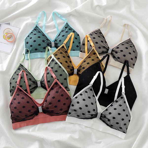 

bras seamless for women girls lace push up lingerie mesh polka dot crop underwear with pad ladies tank wire free, Red;black
