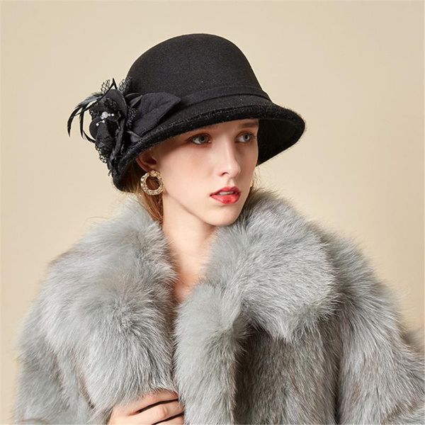 

2020 new women floral wool cap hats fedoras vintage western bucket hats woolen bucket hat warm female bowler, Blue;gray