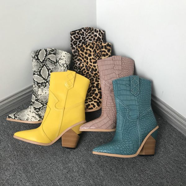 

pointed toe ankle boots for women autumn winter western cowboy boots women wedge high heel boots white black yellow bootsmultifunction