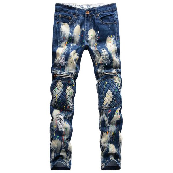 

men's jeans embroidered painted ripped streetwear holes patchwork stretch denim pants skinny pencil trousers, Blue