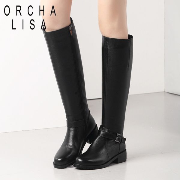 

orcha lisa women's knee-high boots real leather buckle zipper shoes woman riding velvet botas wearable square heels mujer c071, Black