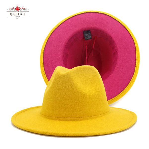 

stingy brim hats qbhat outer yellow inner pink patchwork jazz felt hat women men wide panama fedora with band trilby cap, Blue;gray