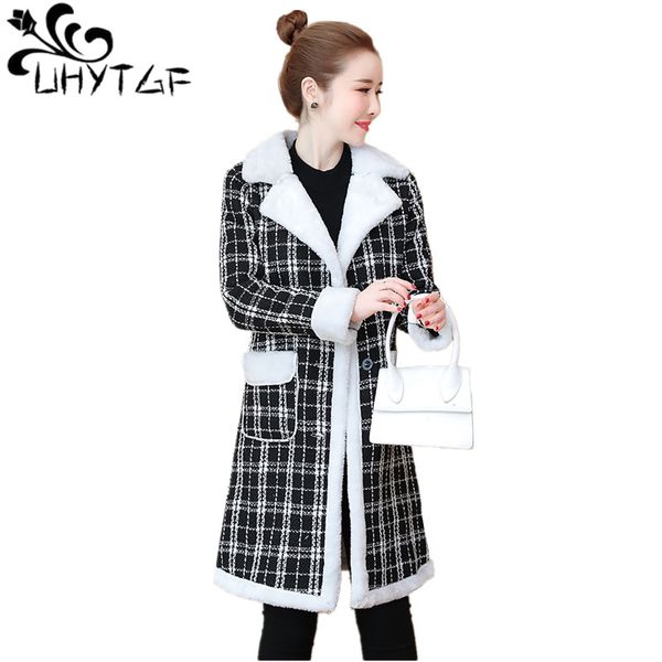 

women's wool & blends uhytgf winter elegant overcoat women plus velvet thicken blend coat woolen long sleeve turn-down jacket x633, Black