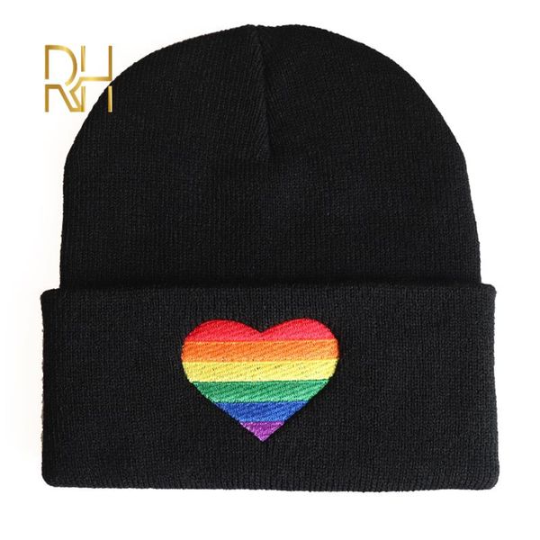 

fashion rainbow love heart embroidery knitted hats beanies hats for men women winter warm black knit cap skullies christmas gift, Blue;gray