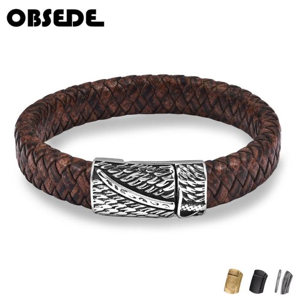 

punk men jewelry leather bracelet stainless steel magnetic clasp braided brown bangle retro wristband man accessories party gift, Red;blue