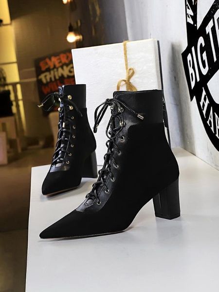 

women's shoes short boots coarse high heels fashion restoring ancient ways trend lace-up cross strap pointed, Black