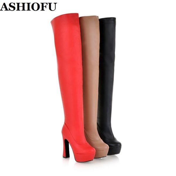 

ashiofu mll-m916 women's thick heel long boots platform party over knee boot evening club winter fashion large size boots, Black