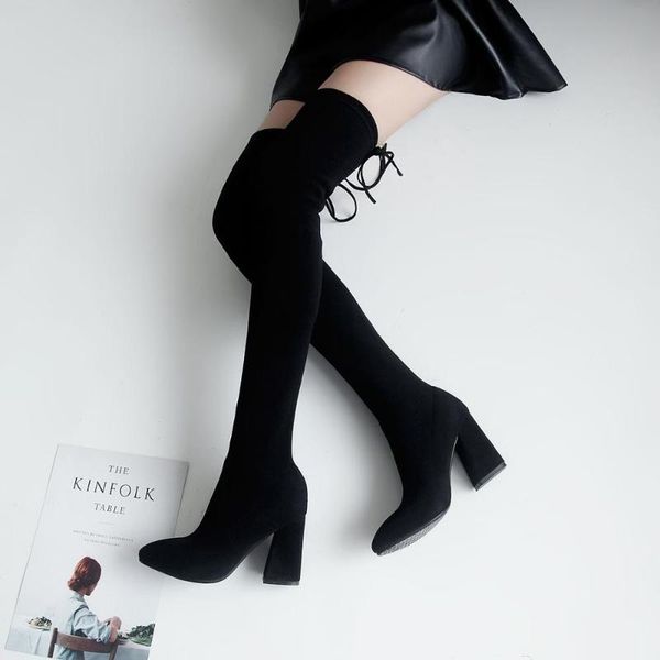 

coolvfatbo slim fit elastic flock over the knee boots women shoes 2020 autumn winter ladies high heel long thigh high botas, Black