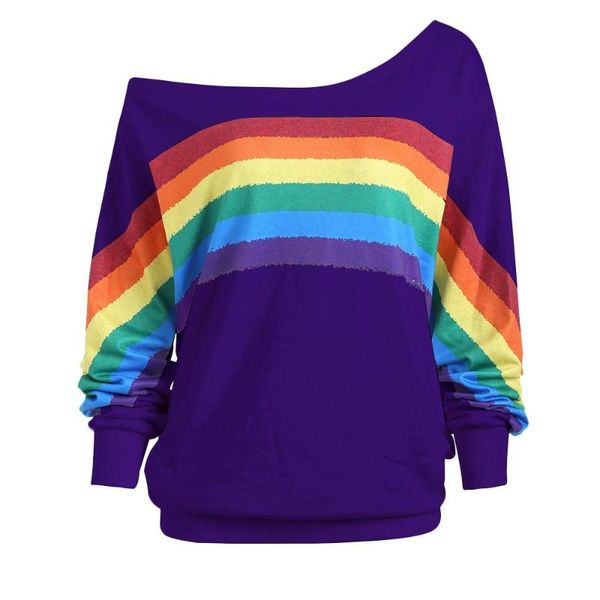 

women casual pullover rainbow print striped patchwork full sleeve sweatshirt autumn winter off shoulder female 2020 pullover, Black