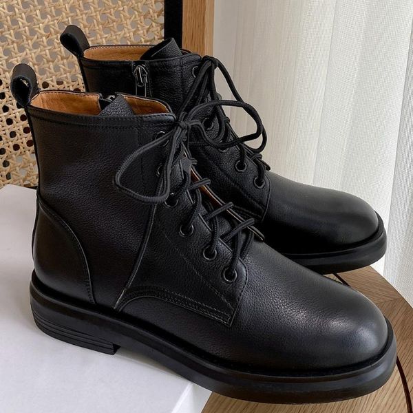 

women's genuine leather lace-up flats autumn ankle boots round toe soft cmfortable short boots punk motorcycle shoe, Black